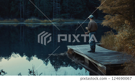 Fisherman stands on dock at twilight casting line into tranquil waters with reflection visible 124690067