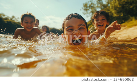 Children joyfully playing and splashing in a river during a sunny day of summer 124690068