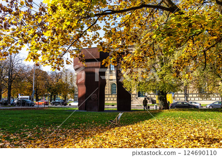Munich, Germany - Nov 05, 2024: Old Pinakothek museum with the abstract sculpture Buscando la Luz in front 124690110
