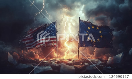 Intense trade conflict between usa and eu depicted through symbolic torn flags and stormy skies 124690127