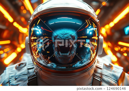 Terrifying creature reflection in astronaut helmet in vivid futuristic spacecraft environment 124690146