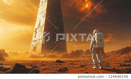Astronaut exploring mysterious monolith on alien planet with dramatic sky and rocky landscape 124690148