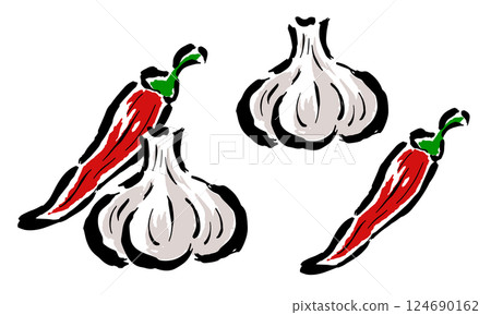 大蒜和辣椒的畫筆繪圖 大蒜和辣椒的畫筆繪圖 124690162