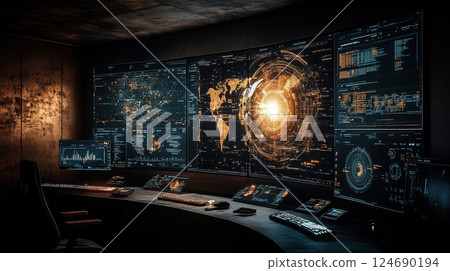 Futuristic command center with advanced technology, digital maps, and data displays in modern control room 124690194