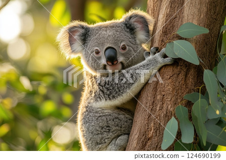Adorable koala climbing tree in natural habitat with sunlit leaves in australian wilderness Adorable koala climbing tree in natural habitat with sunlit leaves in australian wilderness 124690199