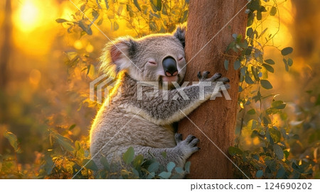 Sleepy koala cuddling tree in sunlit australian forest with golden light and eucalyptus leaves surrounding the peaceful marsupial 124690202