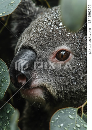 Close-up of a koala with wet fur and eucalyptus leaves in a forested habitat after rain shower 124690203