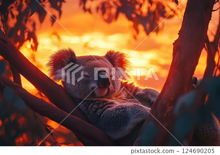 Tranquil koala resting on tree branch against vibrant sunset in lush australian forest setting with warm glowing sky 124690205