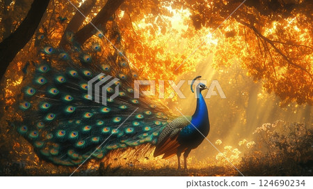 Majestic peacock displaying vibrant plumage in sunlit autumn forest setting 124690234