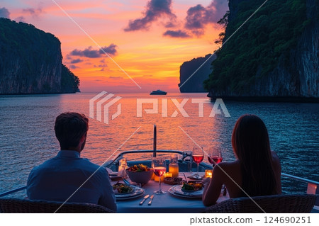 Couple enjoying romantic dinner on yacht at sunset in tropical bay surrounded by stunning cliffs and calm ocean waters 124690251