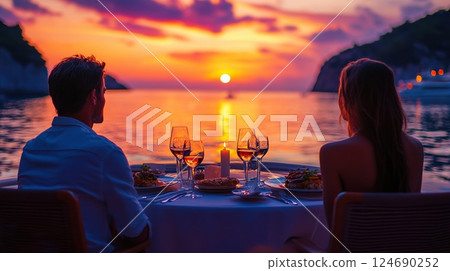 Romantic sunset dinner by the sea with couple enjoying wine and candlelight on scenic seaside terrace with vibrant sky 124690252