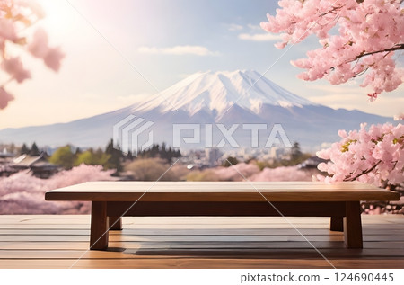 A quiet wooden table rests amid a Japanese garden where cherry blossoms are in full bloom. 124690445