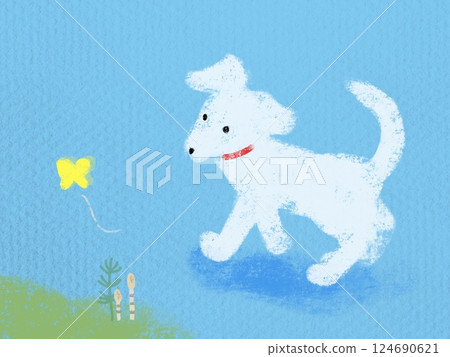 Spring landscape with a white dog Spring landscape with a white dog 124690621