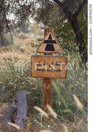 A yellow, bilingual road sign indicates an intersection of a roads and a words in both English and Arabic languages. Dubai, Mushrif park, 16.02.25, UAE 124690876