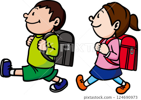 小學男孩和女孩上學 小學男孩和女孩上學 124690973