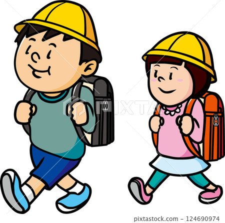 小學男孩和女孩上學 小學男孩和女孩上學 124690974