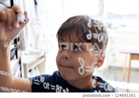 The child writes mathematical formulas on the glass with a marker. 124691161