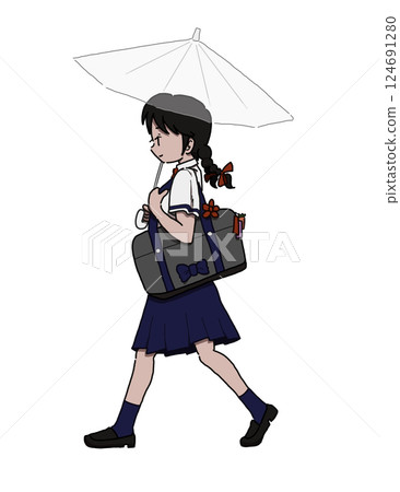 一名女學生拿著傘和書包 124691280