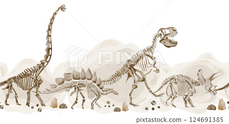 Seamless border with dinosaur skeletons and pebbles. Light background. Theranosaurus, traceratops and stegosaurus go one after another. Watercolor illustration. Hand drawn. High quality illustration 124691385