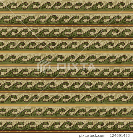 Seamless nomadic meander pattern in yellow, green and brown 124691453
