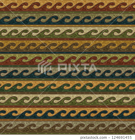 Seamless nomadic meander pattern in rich earthy tones 124691455