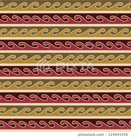 Seamless nomadic meander pattern in khaki, red and white tones 124691456