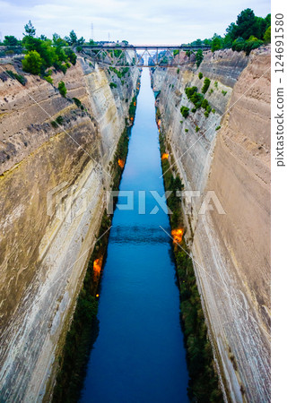 View of Corinth Canal with bridge, Greece View of Corinth Canal with bridge, Greece 124691580