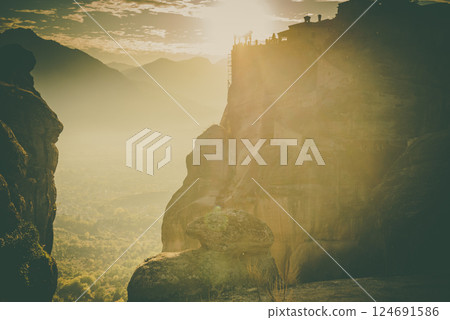 Sunset over Varlaam monastery in Meteora, Greece 124691586