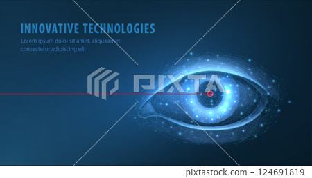 Human eye on blue background. Ophthalmology concept, eye technology, digital vision. Human eye on blue background. Ophthalmology concept, eye technology, digital vision. 124691819