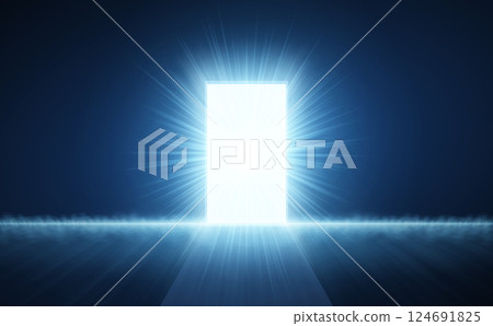 Open door with abstract light on blue background. Digital gateway, virtual doorway. Open door with abstract light on blue background. Digital gateway, virtual doorway. 124691825