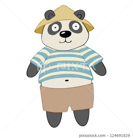 Simple drawing of funny panda. Watercolor illustration of a panda in clothes. For printing postcards, notebooks, dishes, T-shirts. For designing labels of food products, carbonated or alcoholic drinks 124691829