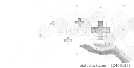 Hand holding a medical cross icon. Abstract background, hospital treatment, digital doctor. Hand holding a medical cross icon. Abstract background, hospital treatment, digital doctor. 124691831