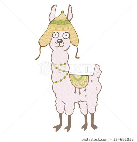 Drawing of a funny llama in a traditional hat and beads. For printing postcards, notebooks, dishes, T-shirts. Design of children's products, labels of food products, carbonated drinks, juices, etc. 124691832