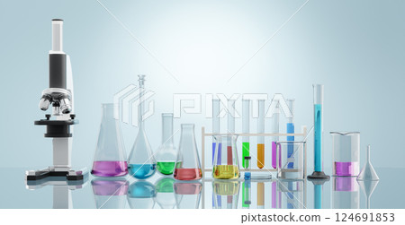 3D Laboratory glassware and microscope containing colorful liquid 3D Laboratory glassware and microscope containing colorful liquid 124691853
