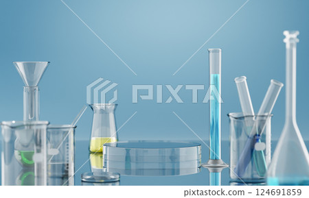 3D Laboratory glassware displaying chemical solutions for scientific experimentation 3D Laboratory glassware displaying chemical solutions for scientific experimentation 124691859