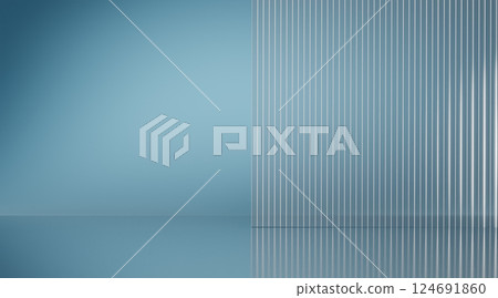 3D Modern empty room with vertical pale blue stripes reflecting on the floor 3D Modern empty room with vertical pale blue stripes reflecting on the floor 124691860