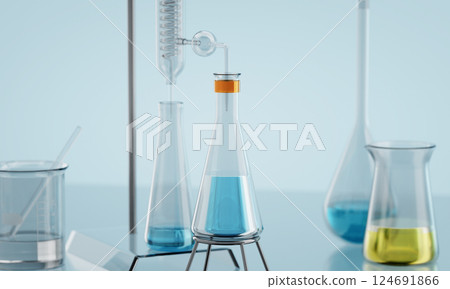 3D Laboratory glassware with colorful liquids undergoing chemical experiment 124691866