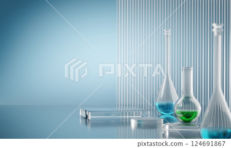 3D Laboratory glassware displaying vibrant chemical solutions in modern setting 3D Laboratory glassware displaying vibrant chemical solutions in modern setting 124691867