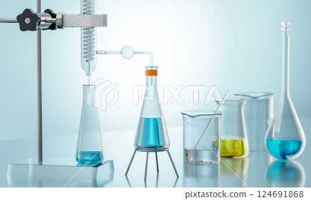 3D Laboratory glassware undergoing chemical experiment with distillation apparatus 124691868