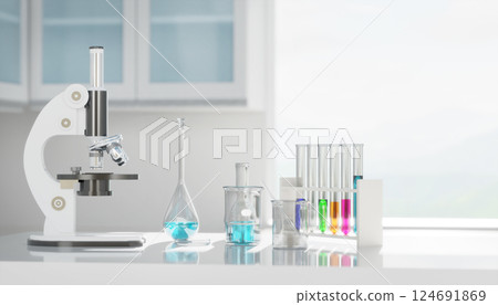 3D Laboratory equipment stands ready for scientific experimentation in bright lab 3D Laboratory equipment stands ready for scientific experimentation in bright lab 124691869