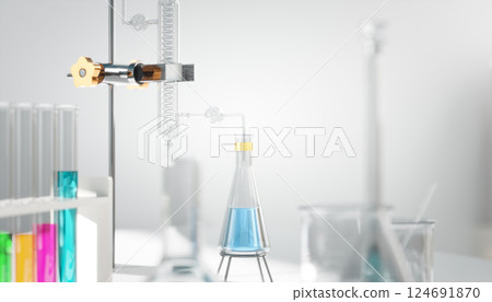 3D Laboratory apparatus dripping blue liquid into erlenmeyer flask during experiment 124691870