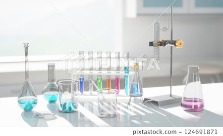 3D Glassware filled with colorful liquids arranged on a lab table 124691871