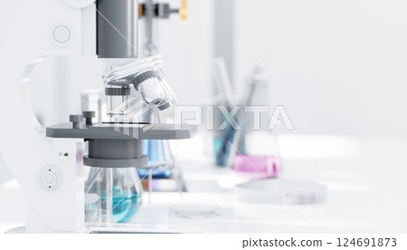 3D Modern microscope in laboratory setting with beakers and flasks in background 124691873