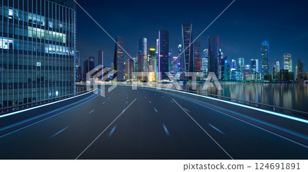 3D Empty asphalt road and modern city skyline panorama in shenzhen at night 124691891