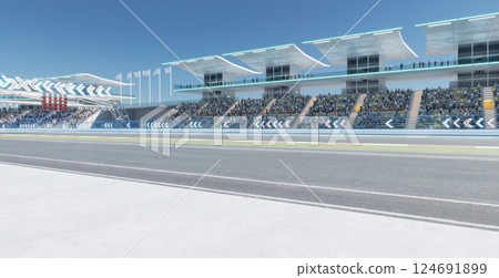 3D Empty race track awaiting race cars at stadium with spectators 3D Empty race track awaiting race cars at stadium with spectators 124691899