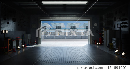 3D Motorsport pit garage opening onto race track with spectators cheering 3D Motorsport pit garage opening onto race track with spectators cheering 124691901