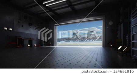3D Racing track seen from inside a garage with open roller door 124691910