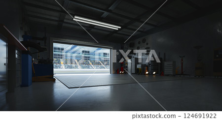3D Motorsport pit garage overlooking crowded stadium with open roller door 3D Motorsport pit garage overlooking crowded stadium with open roller door 124691922