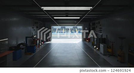 3D Garage opening onto a racing circuit with grandstands and spectators 124691924