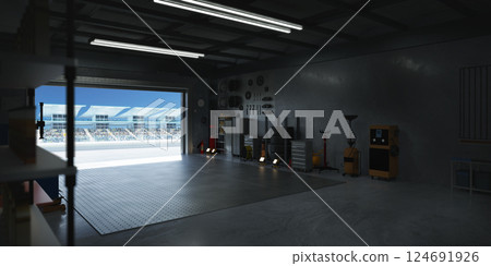 3D Motorsport pit garage overlooking empty race track with spectators waiting 124691926